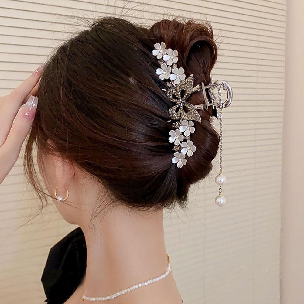 2 pinzas grandes de metal para el cabello, con diseño de mariposa y flores, borlas de flores, pinzas gruesas y largas para el cabello, pasadores,
