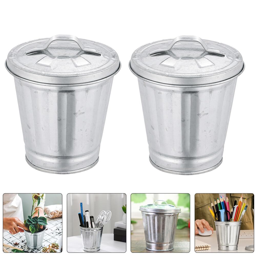 Alipis 4 cubos de basura galvanizados con tapa, mini papelera de encimera, pequeños cubos de metal, cubo de basura, maceta, soporte para bolígrafo