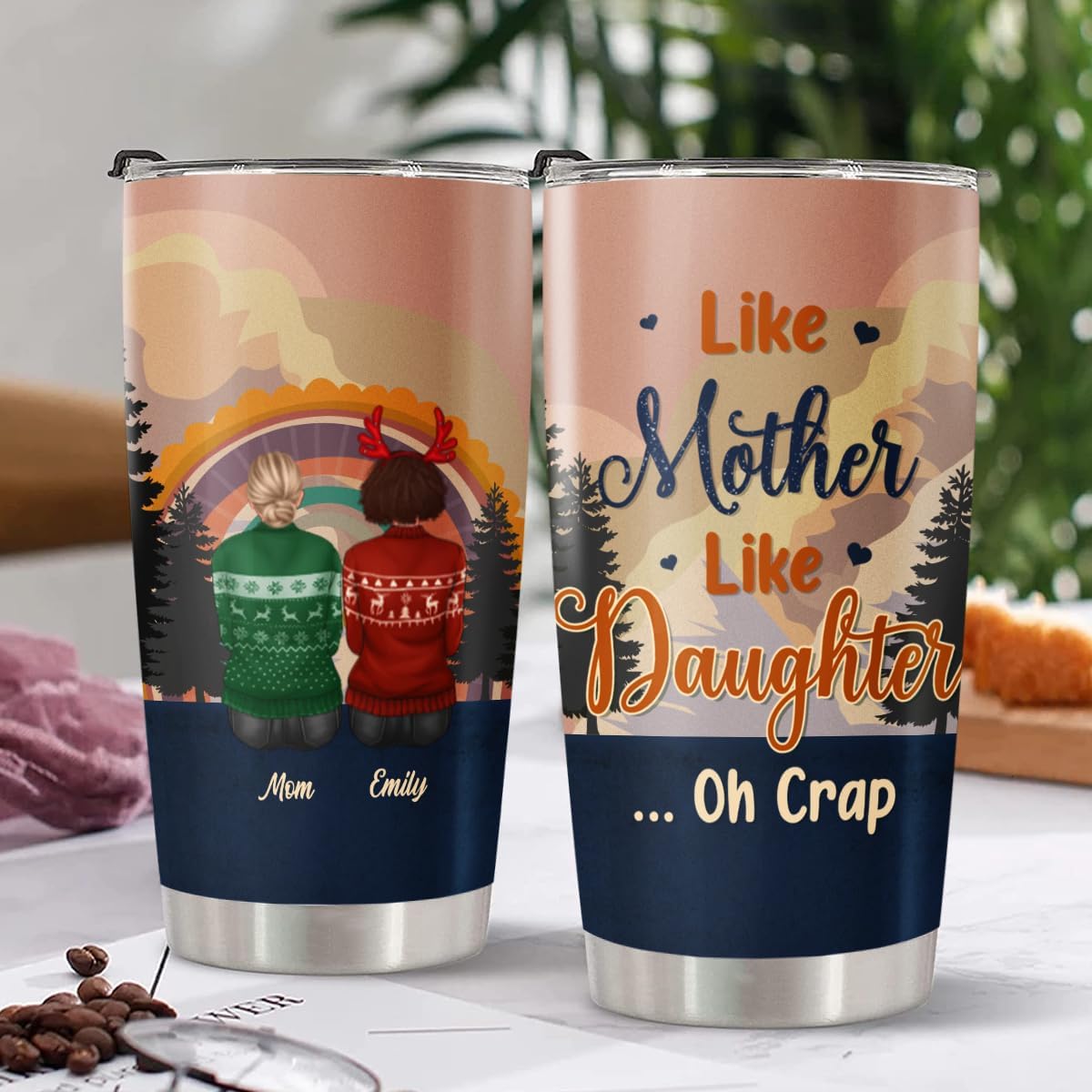 Vaso personalizado para mamá, mamá de hija, hijo, como madre, como hija, Oh Crap Pine Tree Vista trasera, arco iris, vintage, nombre personalizado,