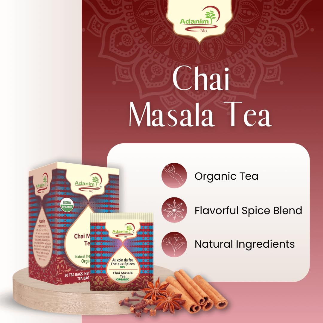 Adanim Bio Bolsas de té indio Chai, 20 bolsitas de té, bolsas de té orgánico Masala Chai Chai, té indio Chai Masala sin cafeína, té Masala Chai