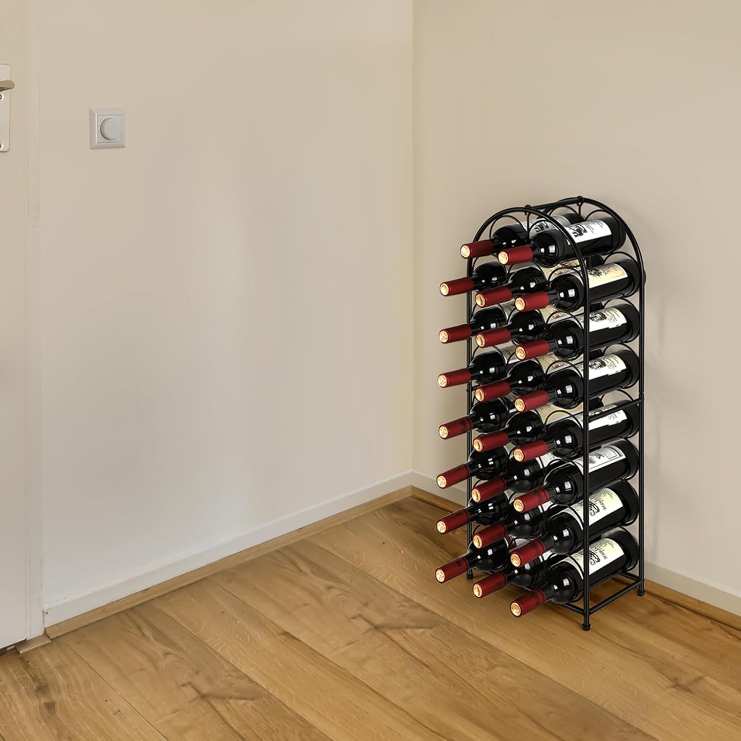 ETELI Botellero de metal independiente para 23 botellas con mango de hierro, elegante y funcional, mantiene tu soporte de bodega de vino estilo