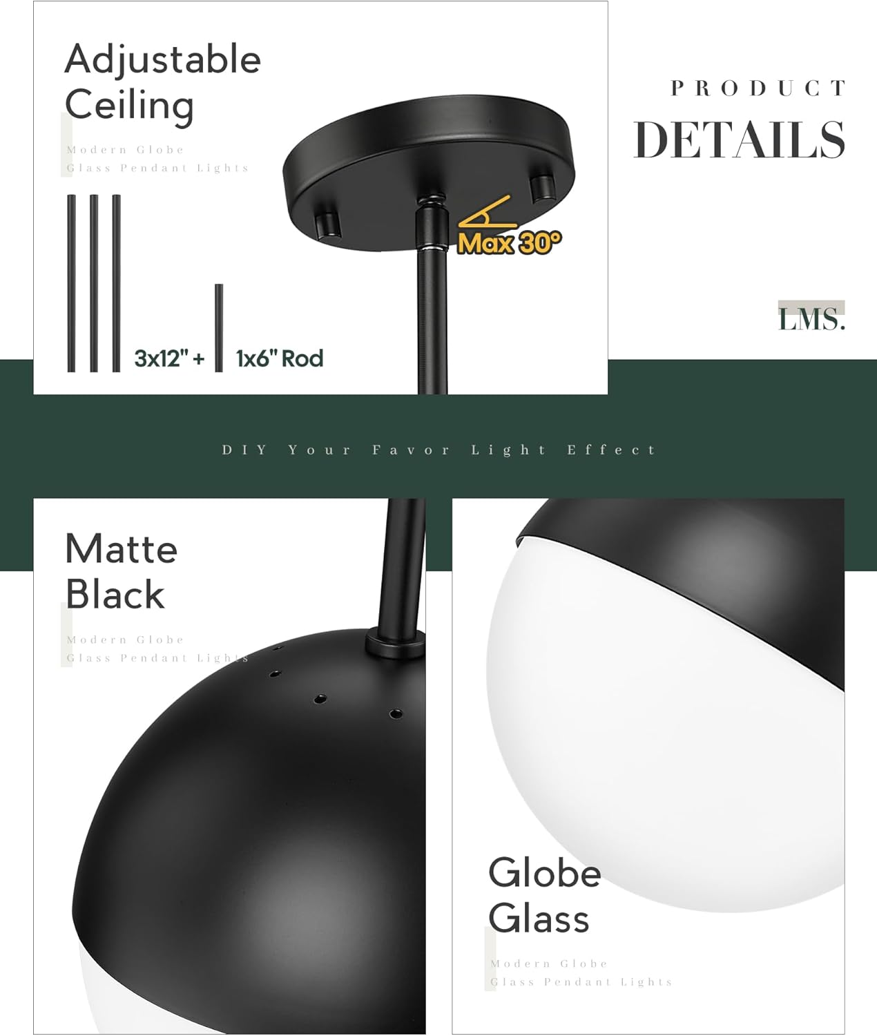 LMS Lámpara colgante moderna de globo de 8 pulgadas de vidrio esmerilado con acabado negro, contemporánea de mediados de siglo, ajustable, lámpara