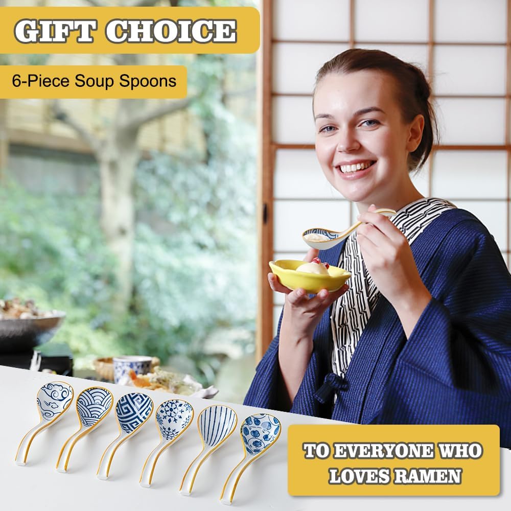 Juego de 6 cucharas de sopa, bolas de masa para sopa asiática, juego de cucharas japonesas con fondo antideslizante para ramen, wonton chino,
