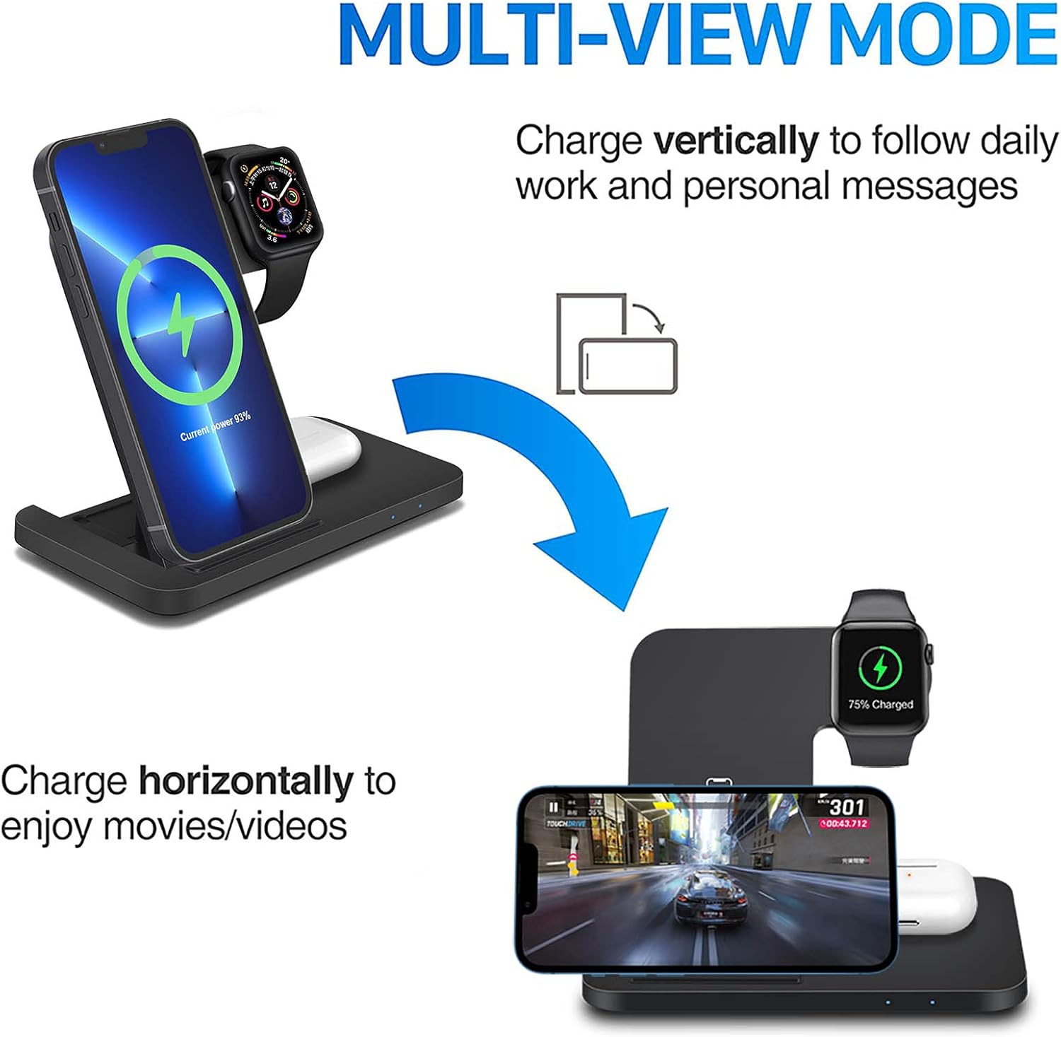 MMOBIEL Estación de carga inalámbrica compatible con iPhone, Apple Watch y AirPods – Soporte de cargador inalámbrico 3 en 1 de 18 W compatible con