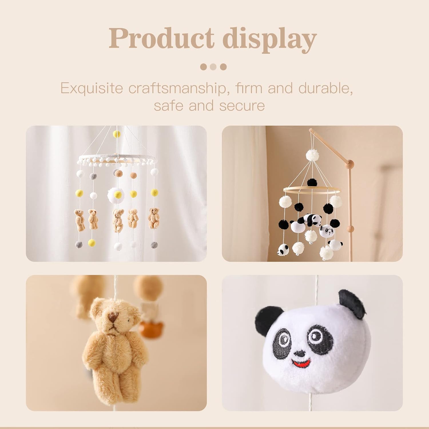 Móvil de bebé para cuna  Campana de cama de panda, campanilla de viento para niñas y niños, móvil para moisés, bola de fieltro, juguete colgante