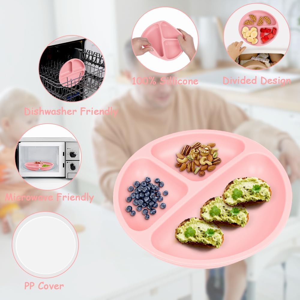 Vicloon Platos para niños pequeños, 2 platos de silicona para bebés, placas de succión sin BPA con tapas para bebés y niños pequeños, función de