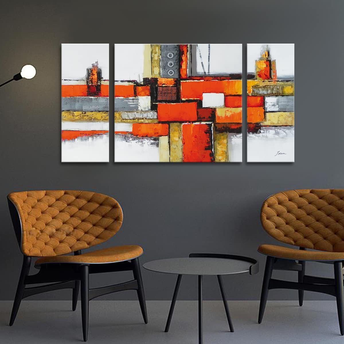 Noah Art -Arte de pared naranja, pintura al óleo 100% pintada a mano por Palette Knife Modern Pictures, 3 piezas estiradas y envueltas en galería,
