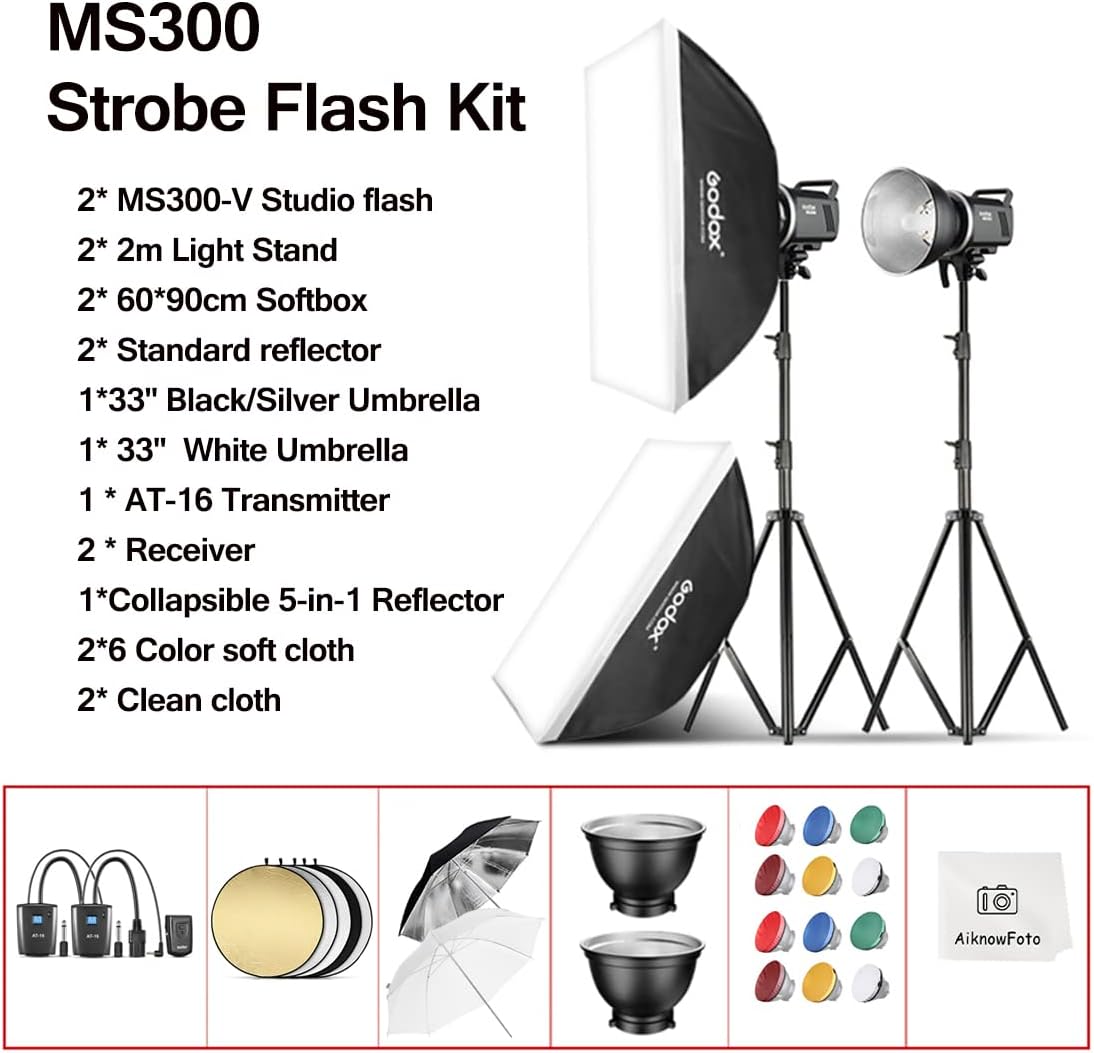 Godox Juego de 2 luces estroboscópicas MS300V 600W para estudio, 2.4G Bowens Mount Lighting Flash GN58 5800K con disparador AT-16, soportes de luz,