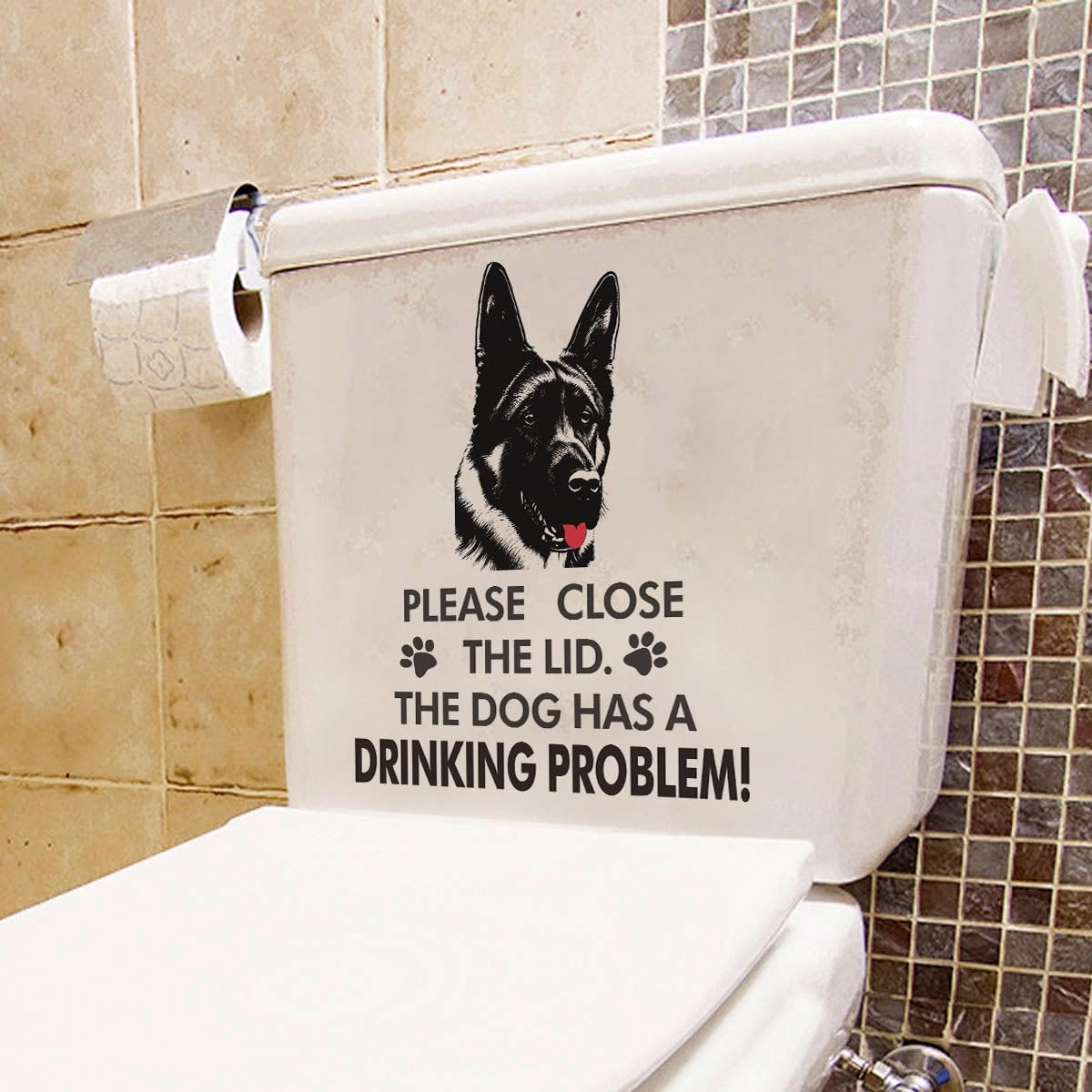 Divertidas calcomanías para tapa de inodoro de pastor alemán, extraíble, impermeable, vinilo para asiento de inodoro, cierra la tapa, el perro tiene