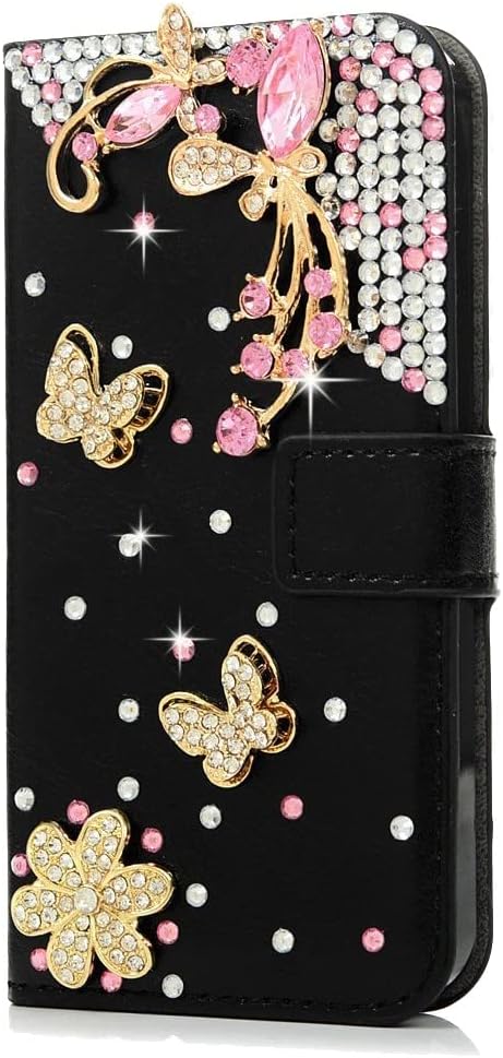 Funda para teléfono con diseño de cartera, diseño 3D hecho a mano con diamantes de imitación de mariposa y diamantes de imitación, diseño brillante