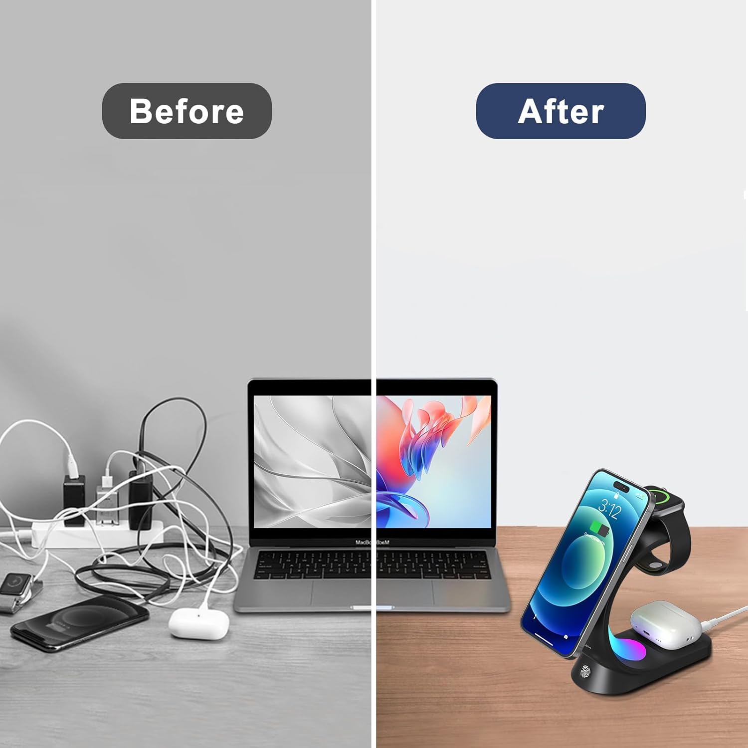 Cargador inalámbrico 3 en 1, con 6 modos de luz colorida para soporte de escritorio, estación de carga inalámbrica MagSafe rápida para iPhone 15 14