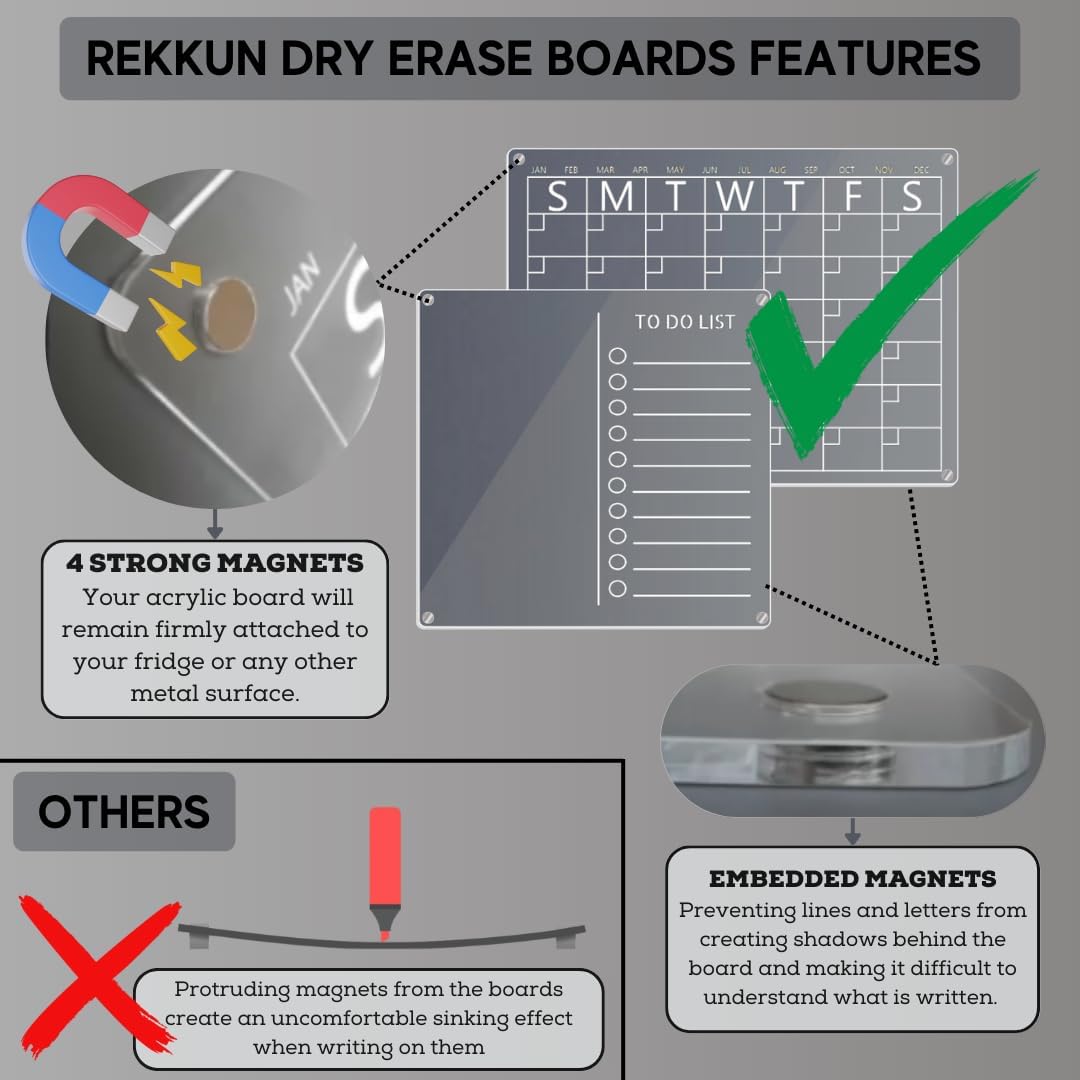 REKKUN – Pizarras magnéticas acrílicas de borrado en seco. Juego de 2 piezas de calendario mensual acrílico de 16 x 12 pulgadas y lista de tareas