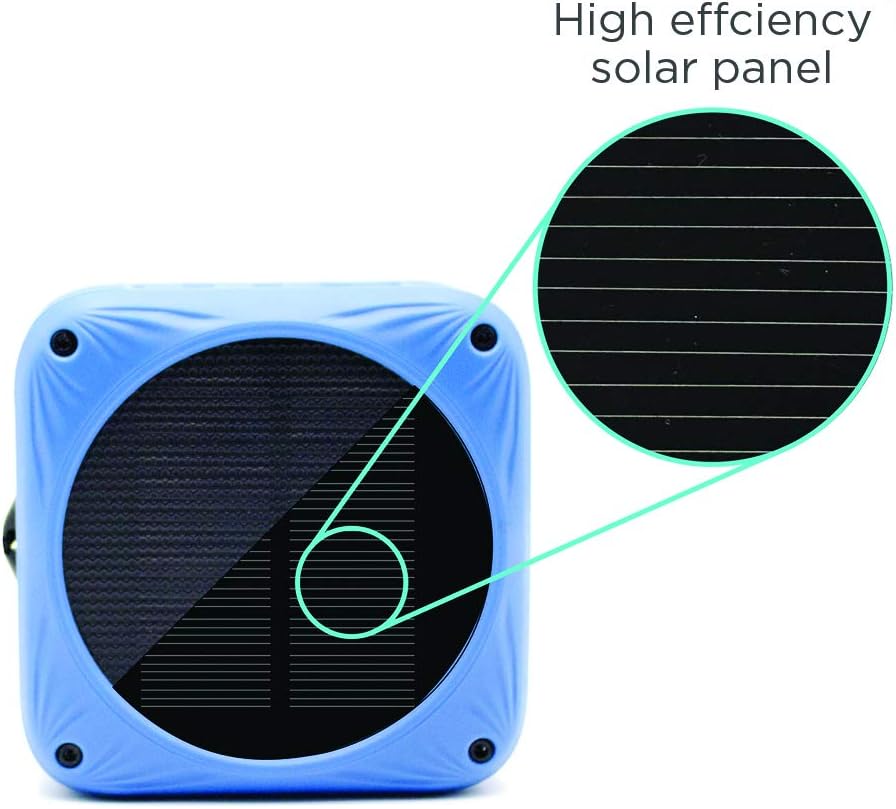 Altavoz Bluetooth impermeable  Solar y recargable por USB  Tiempo de reproducción de 20 horas  Micrófono integrado  Ideal para playa, bicicleta,