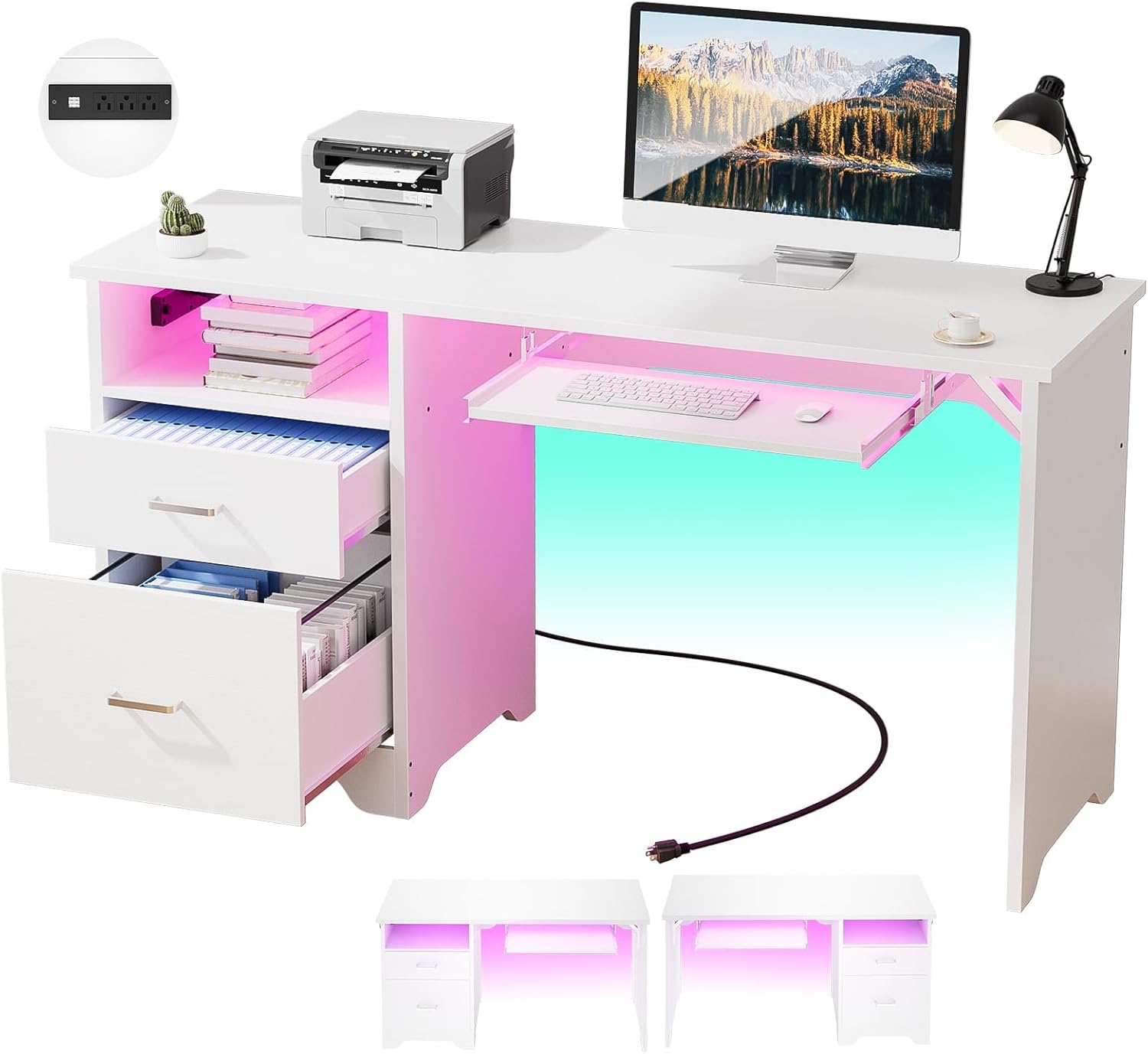 Escritorio reversible para computadora con cajones de archivos, escritorio de oficina de 55 pulgadas con luz LED RGB y toma de corriente, escritorio