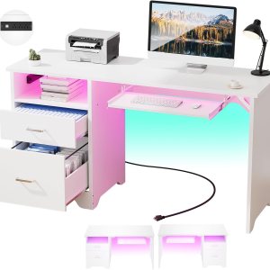 Escritorio reversible para computadora con cajones de archivos, escritorio de oficina de 55 pulgadas con luz LED RGB y toma de corriente, escritorio Escritorio reversible para computadora con cajones de archivos, escritorio de oficina de 55 pulgadas con luz LED RGB y toma de corriente, escritorio
