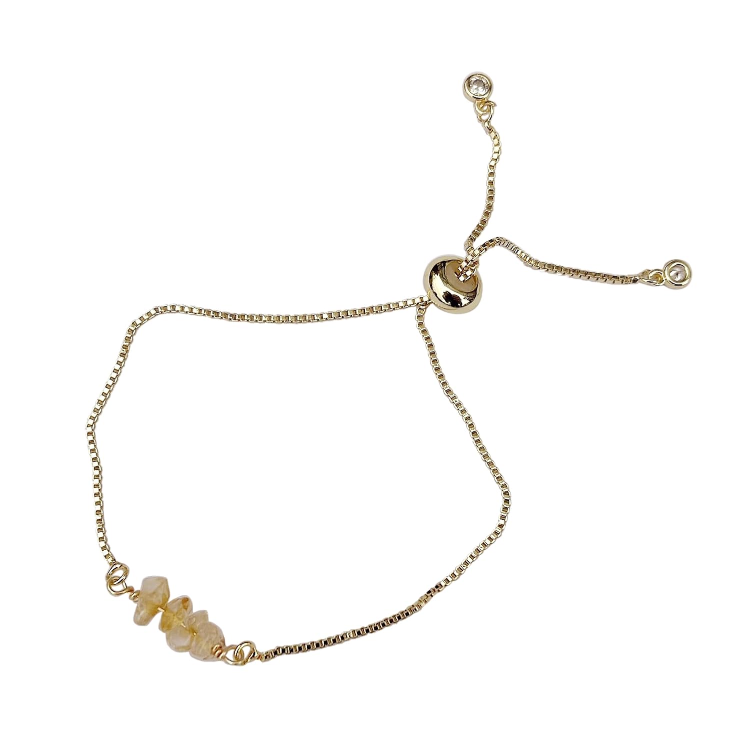 Designs by Nature Gems Citrine Crystal Bracelet, November Birthstone Jewelry, Adjustable Slider Chain Bolo Bracelet, Gold Plated Chakra Bar