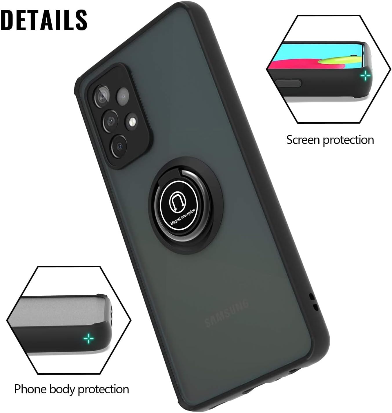 TJS Funda compatible con Samsung Galaxy A53 5G, con protector de pantalla de vidrio templado, anillo de metal, soporte magnético, resistente contra