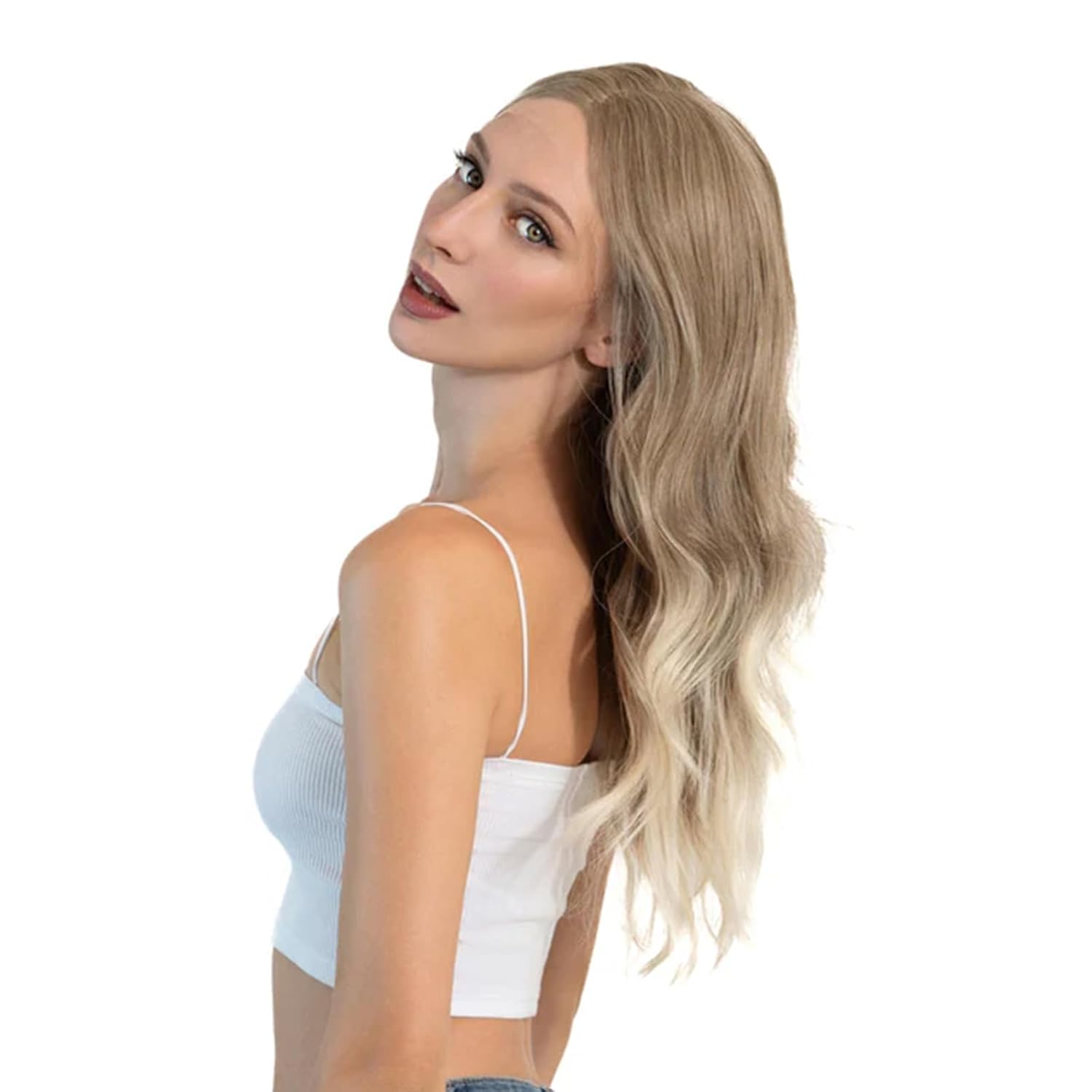Peluca de encaje frontal KARIN mezcla de rubio, pelucas onduladas para mujer, pelucas sintéticas naturales para uso diario (pelucas de cabello