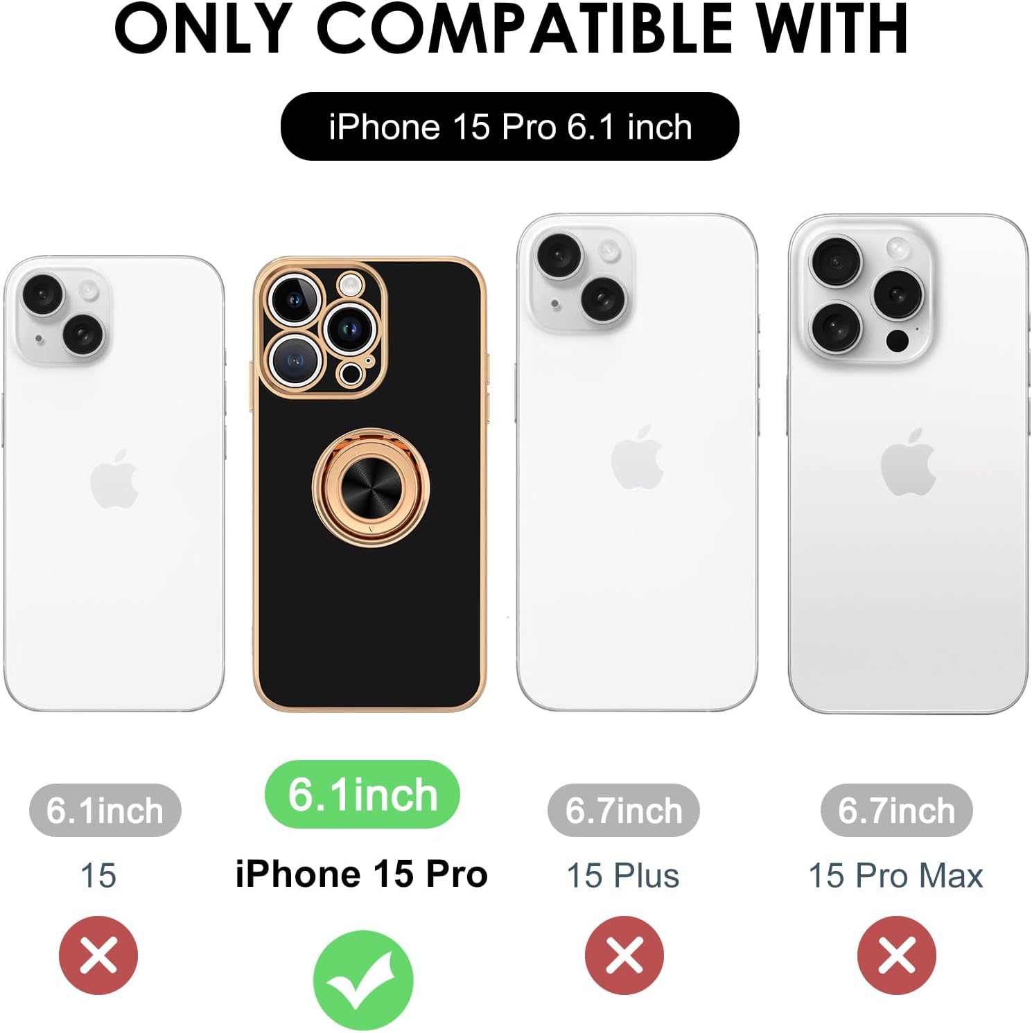 Hython Funda para iPhone 15 Pro con soporte de anillo, soporte de anillo giratorio de 360, soporte magnético, chapado en oro rosa, cubierta suave,