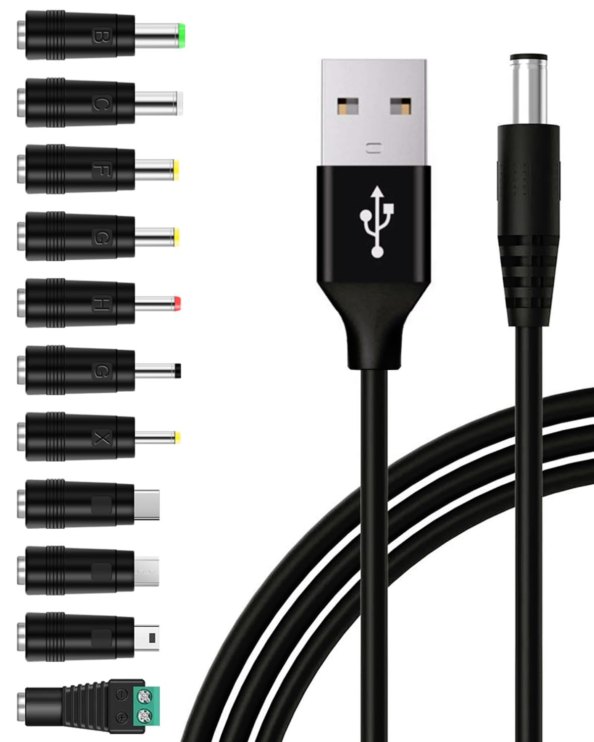 Cable de alimentación universal USB a CC de 5 V, cable de carga de 0.217 x 0.083 in con 11 conectores adaptadores (6.3×3.0, 5.5×2.5, 4.8×1.7,