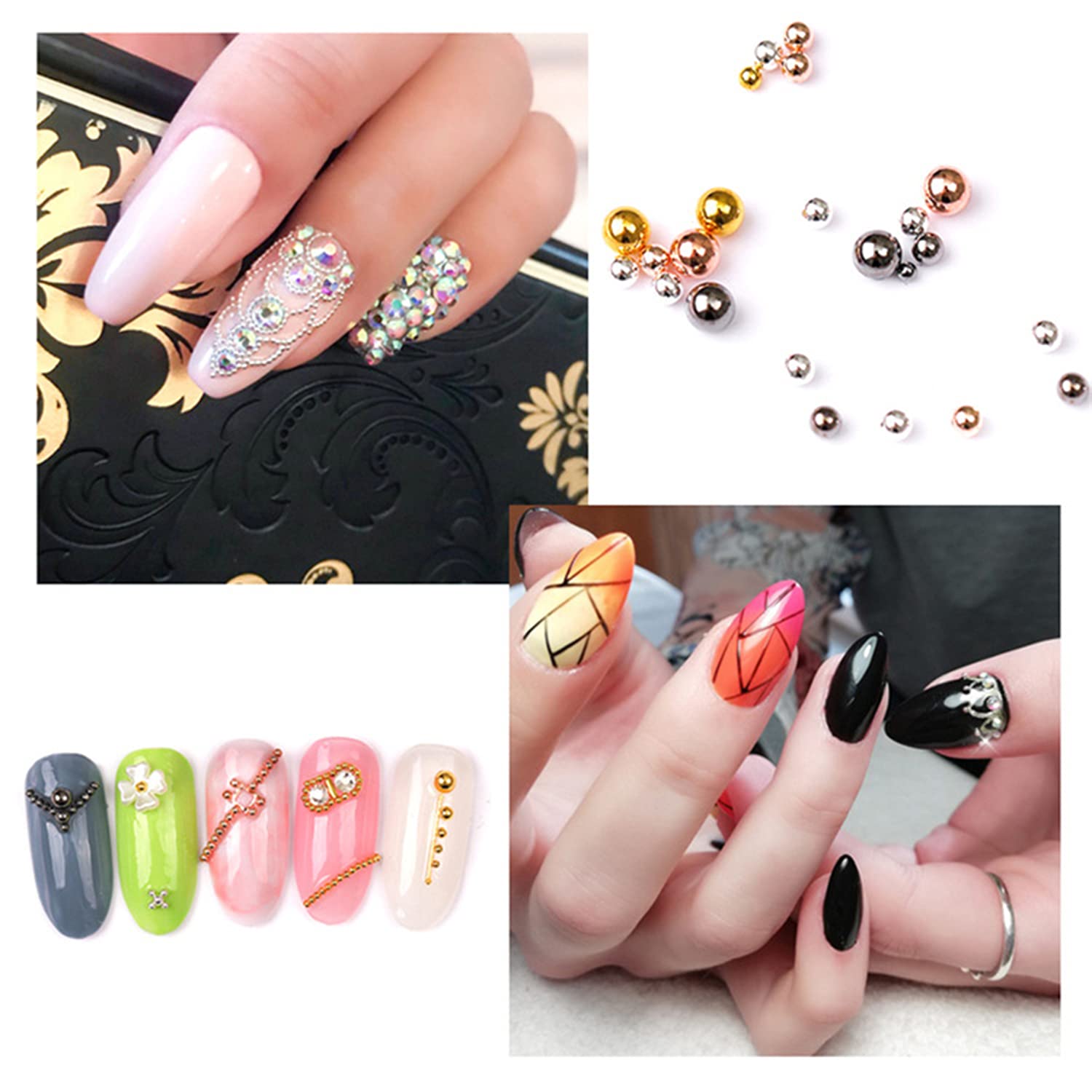Paquete de 4 cuentas de caviar de uñas, micro cuentas de metal para uñas, decoración de uñas 3D, bola de acero para uñas, plata dorada, gema negra,