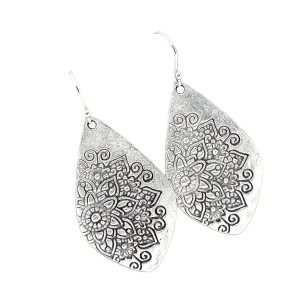 Floral Stamp Distressed Teardrops on Sterling Silver Earrings Handmade Boho Women Floral Stamp Distressed Teardrops on Sterling Silver Earrings Handmade Boho Women