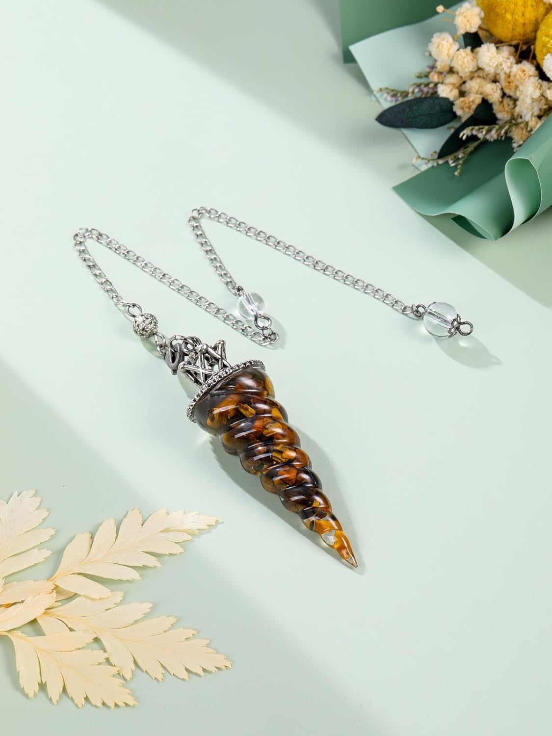 PESOENTH Péndulo de ojo de tigre para radiestesia de cristal de adivinación con piedra preciosa roscada cristales curativos colgante de punto de