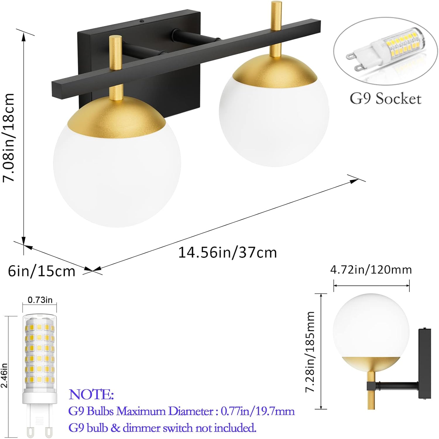 Ralbay Lámpara de tocador de baño de oro negro 2 luces de mediados de siglo moderna lámpara de pared de bola de vidrio lechoso negrodorado para baño