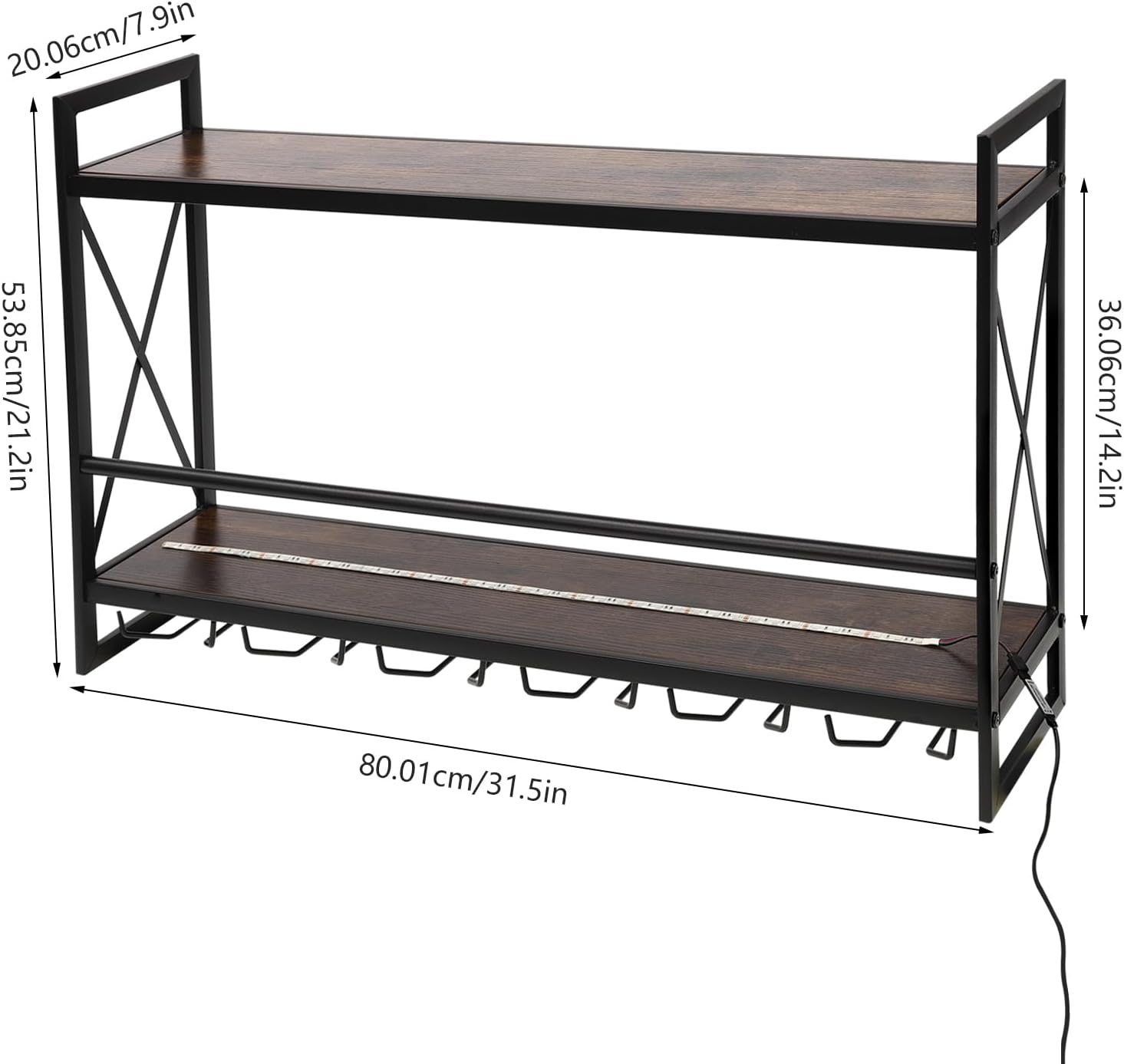 KONGKUNI Estante industrial de pared para vino de 2 niveles, estante de vino de 31.5 pulgadas con luz LED, soporte rústico para botellas de vidrio,