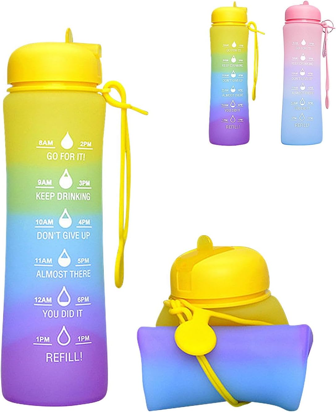 Botella de agua plegable con marcador de tiempo, botella de agua deportiva de 20 onzas, grande, a prueba de fugas, reutilizable, sin BPA, botellas