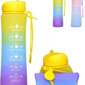 Botella de agua plegable con marcador de tiempo, botella de agua deportiva de 20 onzas, grande, a prueba de fugas, reutilizable, sin BPA, botellas Botella de agua plegable con marcador de tiempo, botella de agua deportiva de 20 onzas, grande, a prueba de fugas, reutilizable, sin BPA, botellas