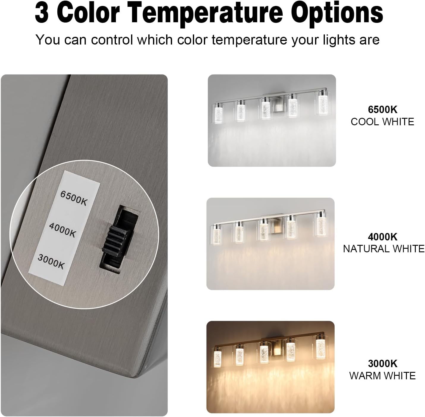 Lámpara de tocador de 5 luces de níquel cepillado con 3 modos de color (3000 K4000 K6500 K), lámpara LED de baño con protección ocular, luz de pared