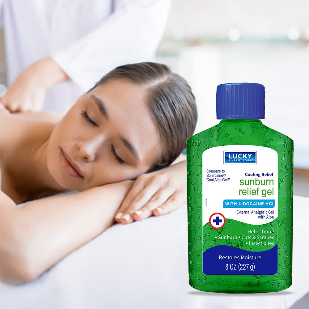 Lucky Super Soft Gel de alivio de quemaduras solares. Tratamiento de dolor, enrojecimiento y picazón. Con aloe vera y lidocaína. 8 onzas  8.01 oz