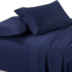 Juego de sábanas de 300 hilos tamaño individual extra largo a rayas azul marino Juego de sábanas de 300 hilos tamaño individual extra largo a rayas azul marino