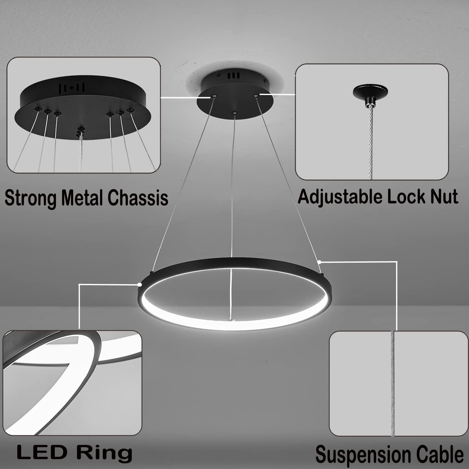 Candelabro LED moderno, 1 anillo grande para techos altos, sala de estar, vestíbulo, lámparas colgantes ajustables de 79 pulgadas para comedor, sala