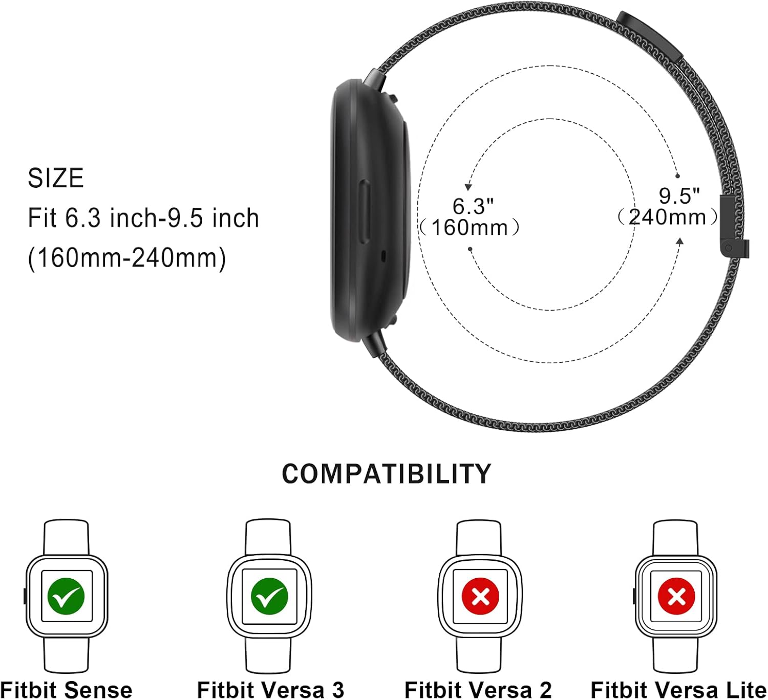 Correa de metal para Fitbit Sense BandsFitbit Versa 3 bandas mujeres hombres, malla de acero inoxidable magnética correa de repuesto para reloj