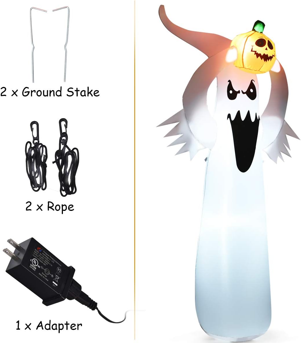 Tangkula Fantasma inflable de Halloween de 6 pies con calabaza, fantasma inflable con soplador y luces LED, decoraciones de Halloween fantasma
