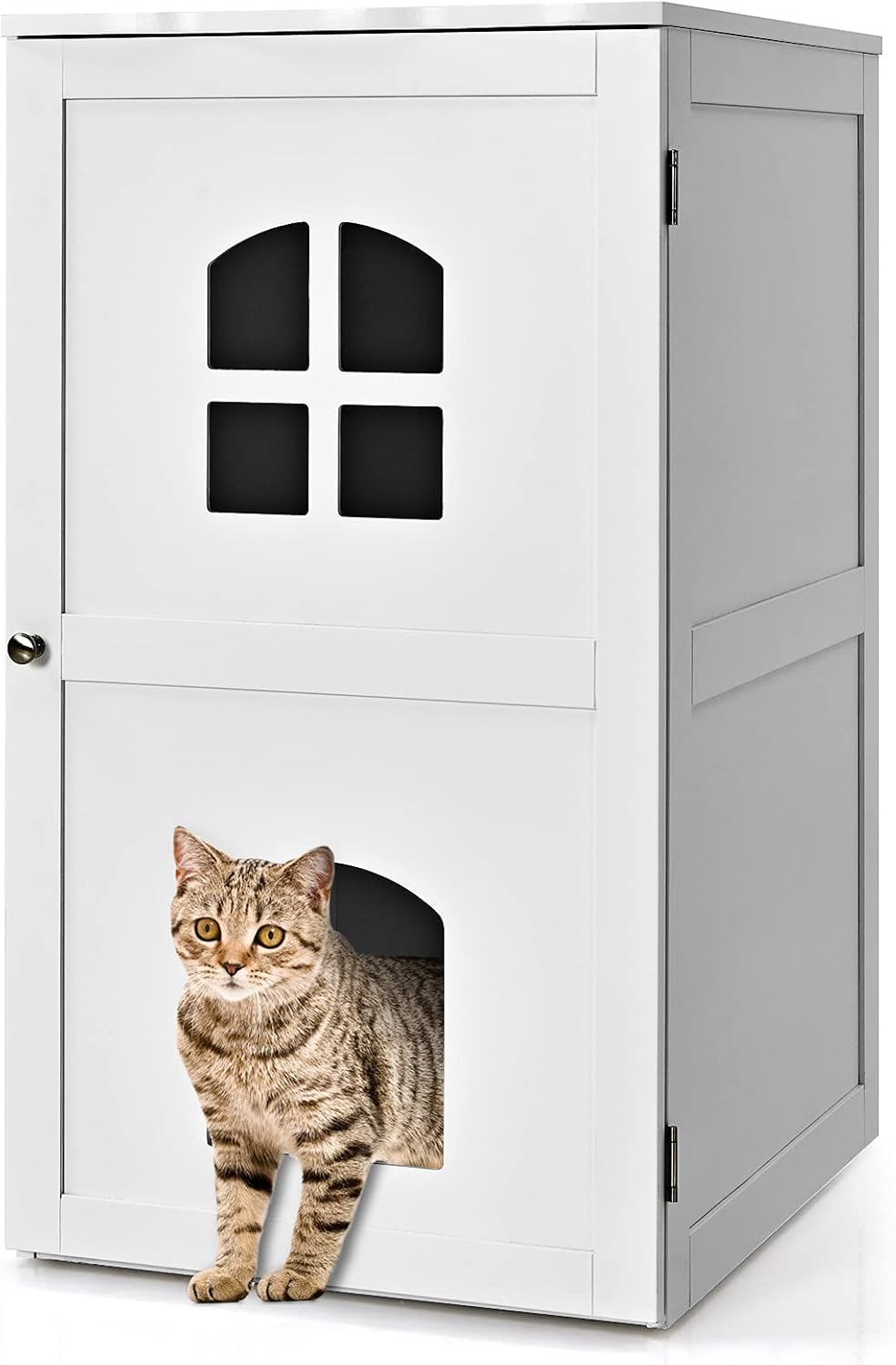 Tangkula Caja de arena para gatos, casa decorativa para gatos de 2 niveles con 2 ventanas ventiladas, mesita de noche interior, casa para mascotas,