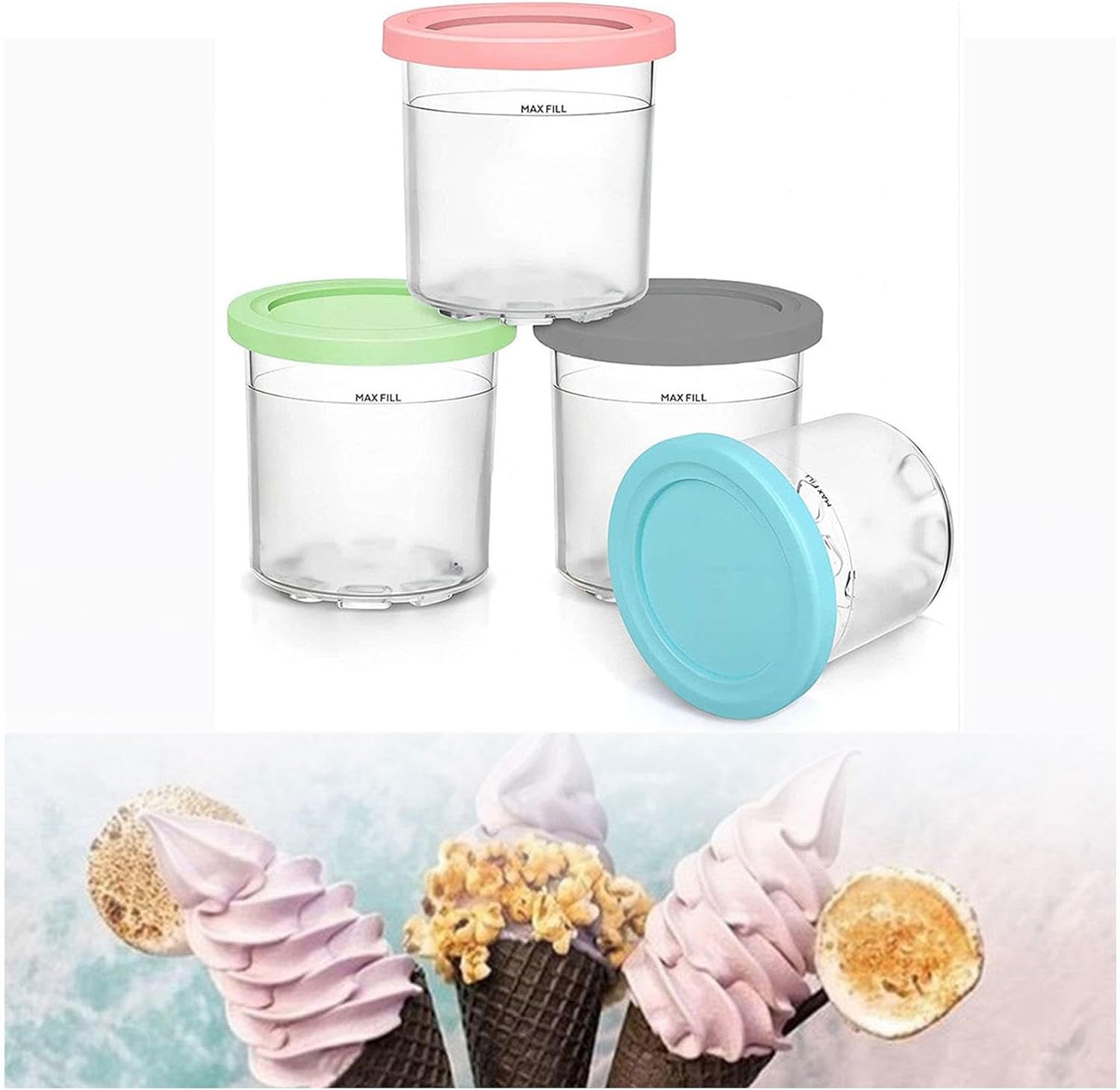 Pintas y tapas para creami, paquete de 4 para pintas Ninja Creami para hacer helados, recipientes de postre congelado de 16 onzas, reutilizables, a