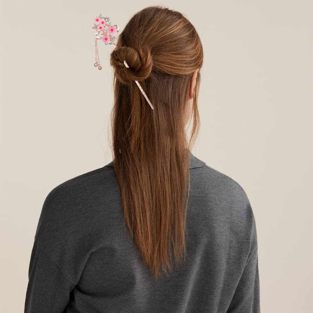 Paquete de 4 palillos para el cabello con flores de diamantes de imitación para moños, palillos de pelo con borlas vintage, accesorios de peinado