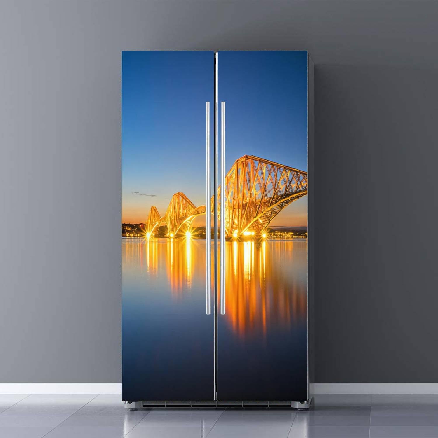 Juego de envolturas de vinilo autoadhesivas para refrigerador, diseño de paisaje natural, color rojo, para puerta de ferrocarril en la noche,