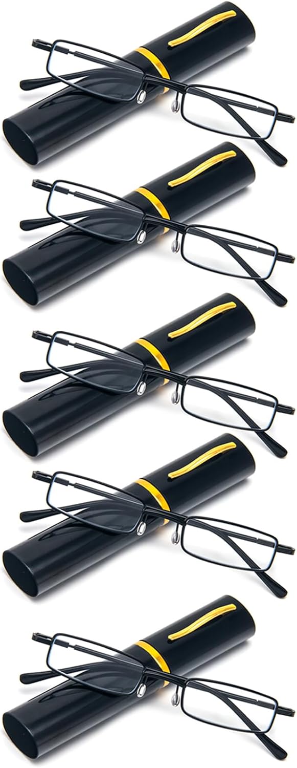 REAVEE Paquete de 5 lentes de lectura portátiles delgados para hombres y mujeres, bloqueo de luz azul para computadora con bolsillo pequeño, estuche