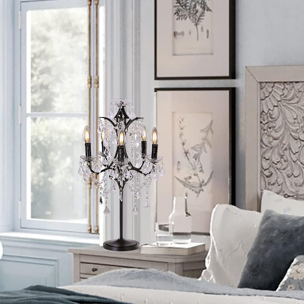 TOCHIC Lámpara de mesa de cristal tradicional de 5 luces, candelabro negro para manualidades, 30 pulgadas de alto para sala de estar, sala de
