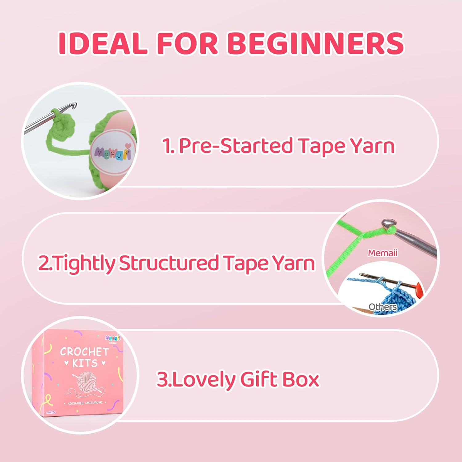 Mewaii Kit de ganchillo para principiantes, kit completo de bricolaje con más de 40% de hilo de cinta preiniciado tutoriales en video paso a paso