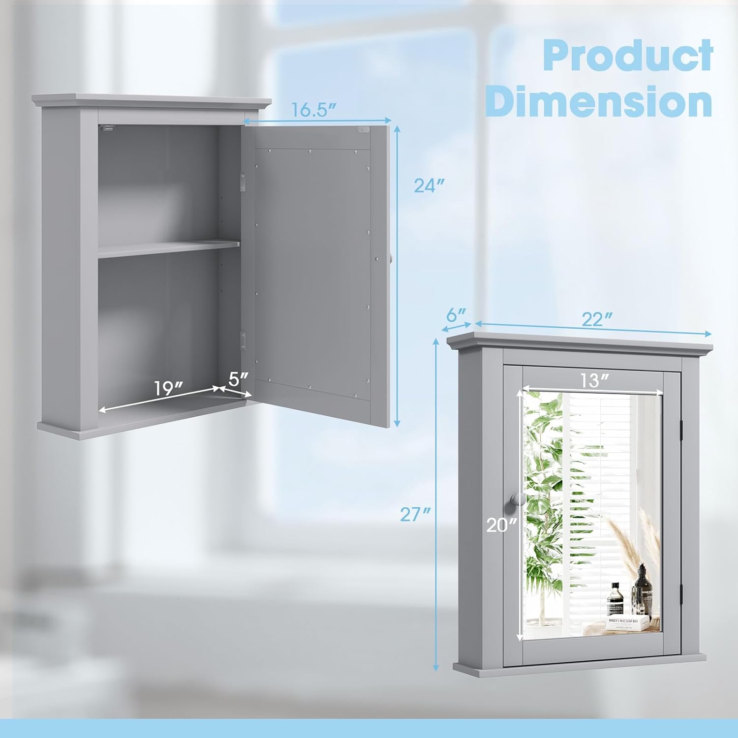 Safeplus Botiquín gris con espejo, almacenamiento ajustable montado en la pared para baño, sala de estar, dormitorio, entrada y cocina