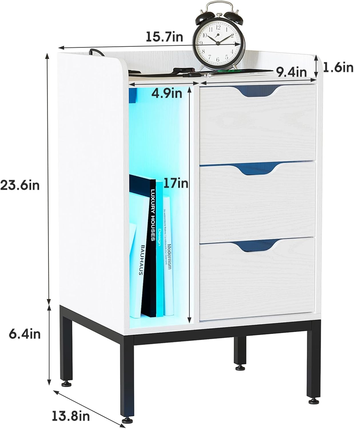 Mesita de noche con estación de carga y luces LED, mesita de noche blanca con tomas de corriente, mesa auxiliar de diseño moderno con 3 cajones,