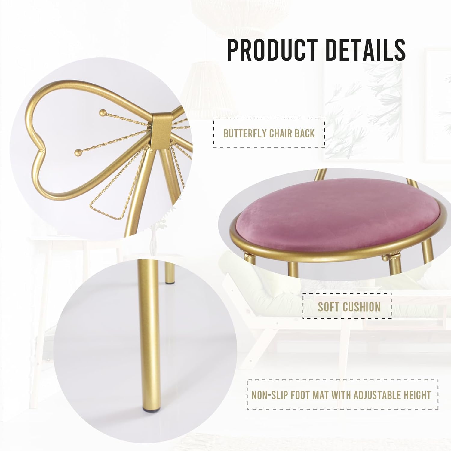 Puclekne Silla de tocador para maquillaje, moderna silla de terciopelo con diseño de mariposa, linda silla rosa con nudo de lazo para niñas con pata