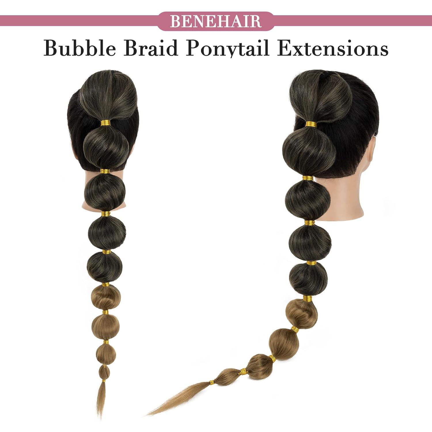 Benehair Extensión de cola de caballo larga de burbujas para mujer, cola de caballo afro negra, trenzada, con banda para el cabello, extensiones de