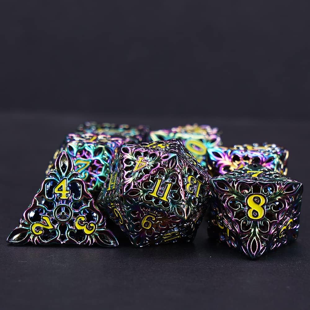Juego de dados de metal DND D&D, 7 piezas de dados poliédricos huecos de mazmorras y dragones grandes para MTG, juego de rol RPG, Shadowrun y