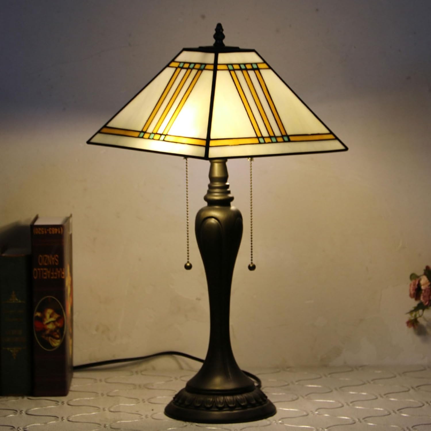 Pantalla Tiffany de repuesto para lámpara Tiffany de 12 pulgadas, pantalla cuadrada beige con tapa para lámpara de mesa, lámpara colgante, accesorio